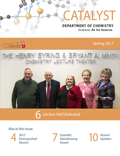 A photo of the dedication of the Chemistry Lecture Theater, and spaces announcing the 2017 Distinguished Alumni, Scientific Glassblowing, and Alumni updates